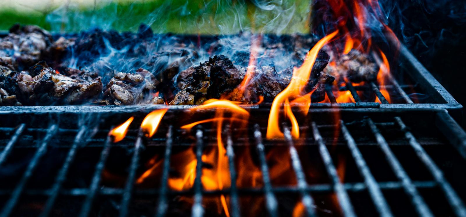 Meat grilling over open flames on a braai