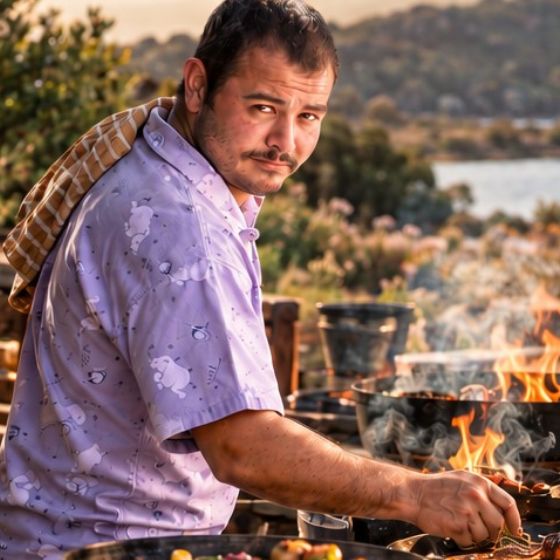 Chef Ryan Richardson cooking over the fire at the farm