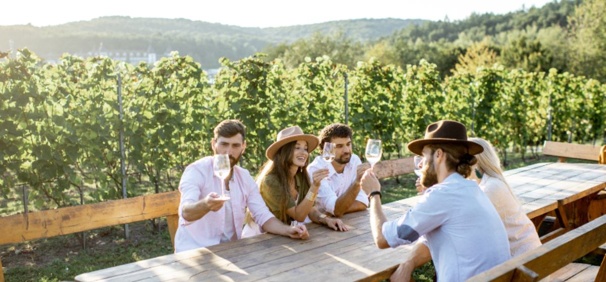 A long harvest table laid outdoors on the farm